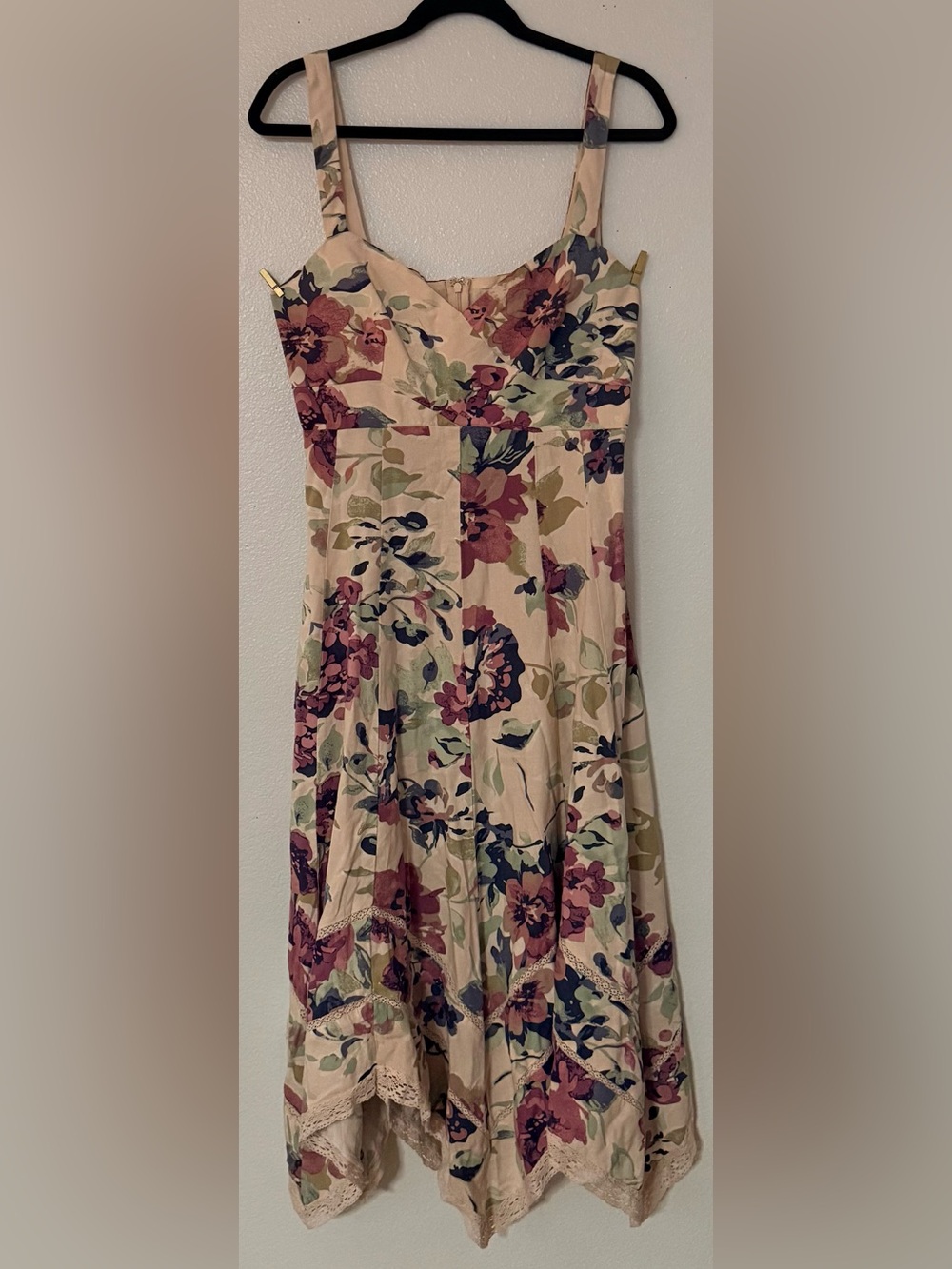 Laura Ashley Floral Linen Blend Midi Dress Size M Cottagecore Handkerchief Hem